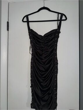 Black Ruched Lace-Up Bodycon Dress - Brand:
